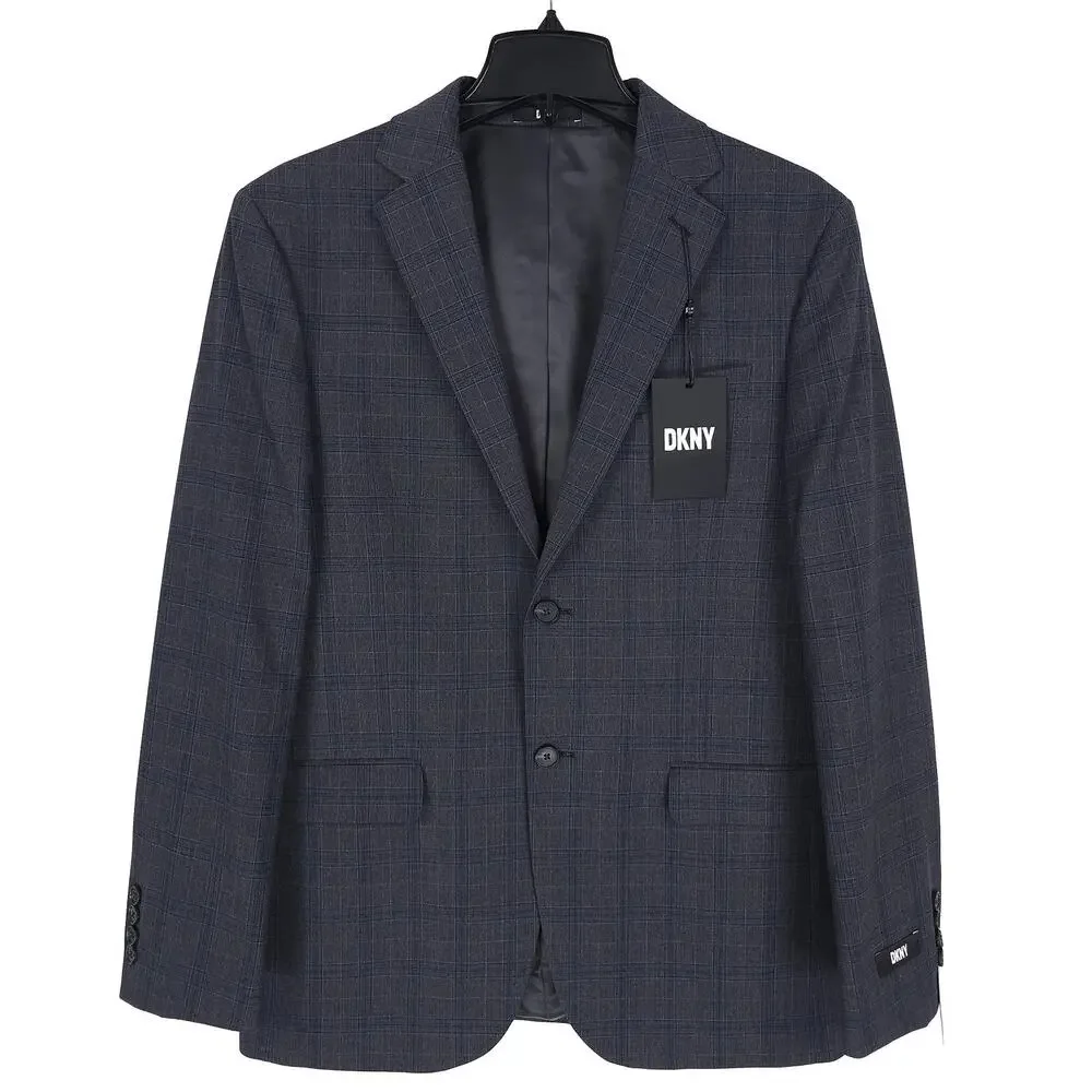 DKNY Mens Modern Fit Suit Jacket Blazer 40R Dark Grey Blue Plaid Stretch NWT
